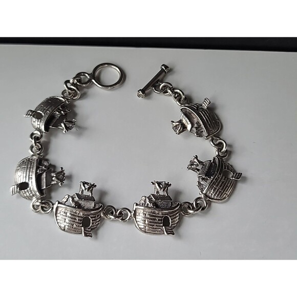 925 Sterling Silver Noah's Ark Toggle Closure Bracelet Vintage - Picture 4 of 10